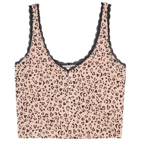 Victoria's Secret Cotton Lace-trim Button-Up Cami Light Heart Leopard Medium NEW - Picture 2 of 3